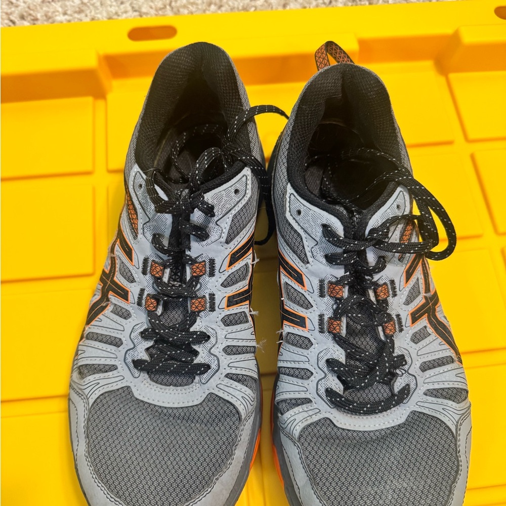 Asics Gray and Black Athletic Shoes with Orange Accents